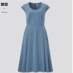 Uniqlo x Theory Dress Ultra Stretch A-Line Short Sleeve Blue DRY Tech Midi‎